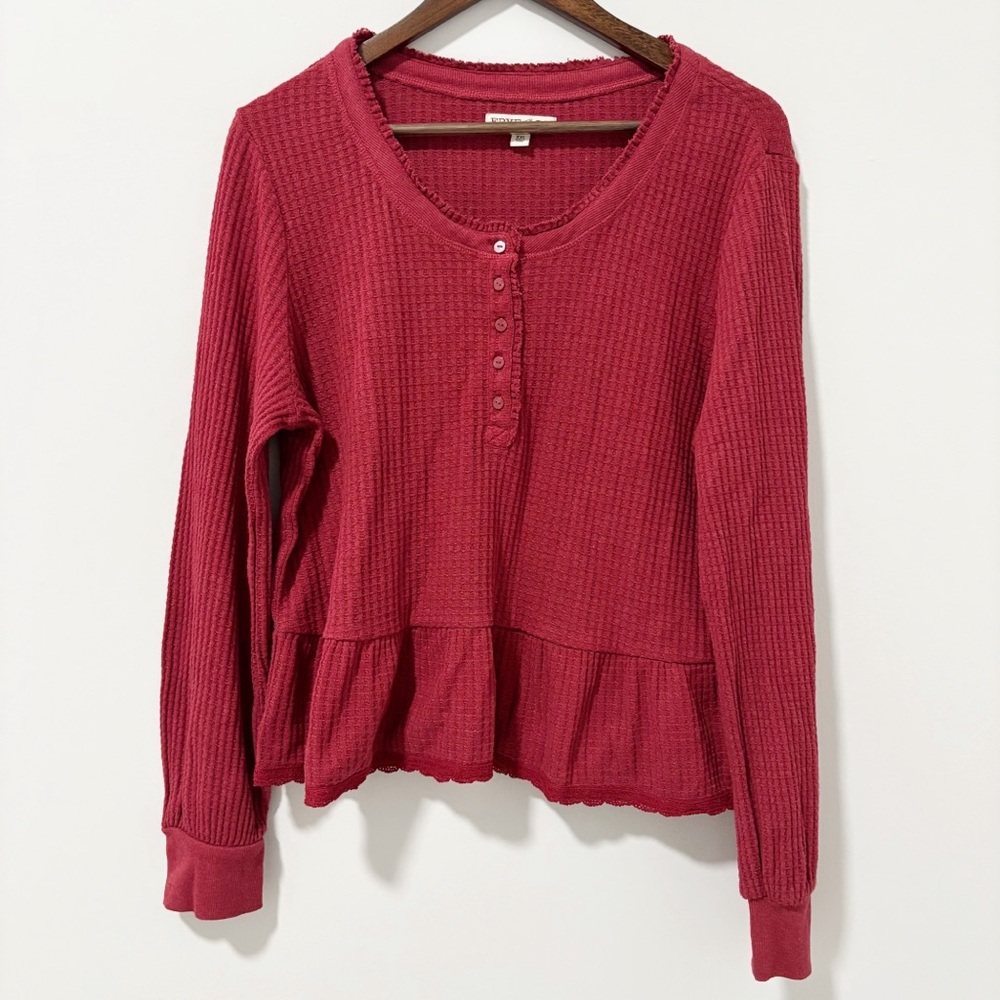 FRYE AND CO. Waffle Knit Henley Blouse Womens‎ XXL Crew Neck Long Sleeve Peplum